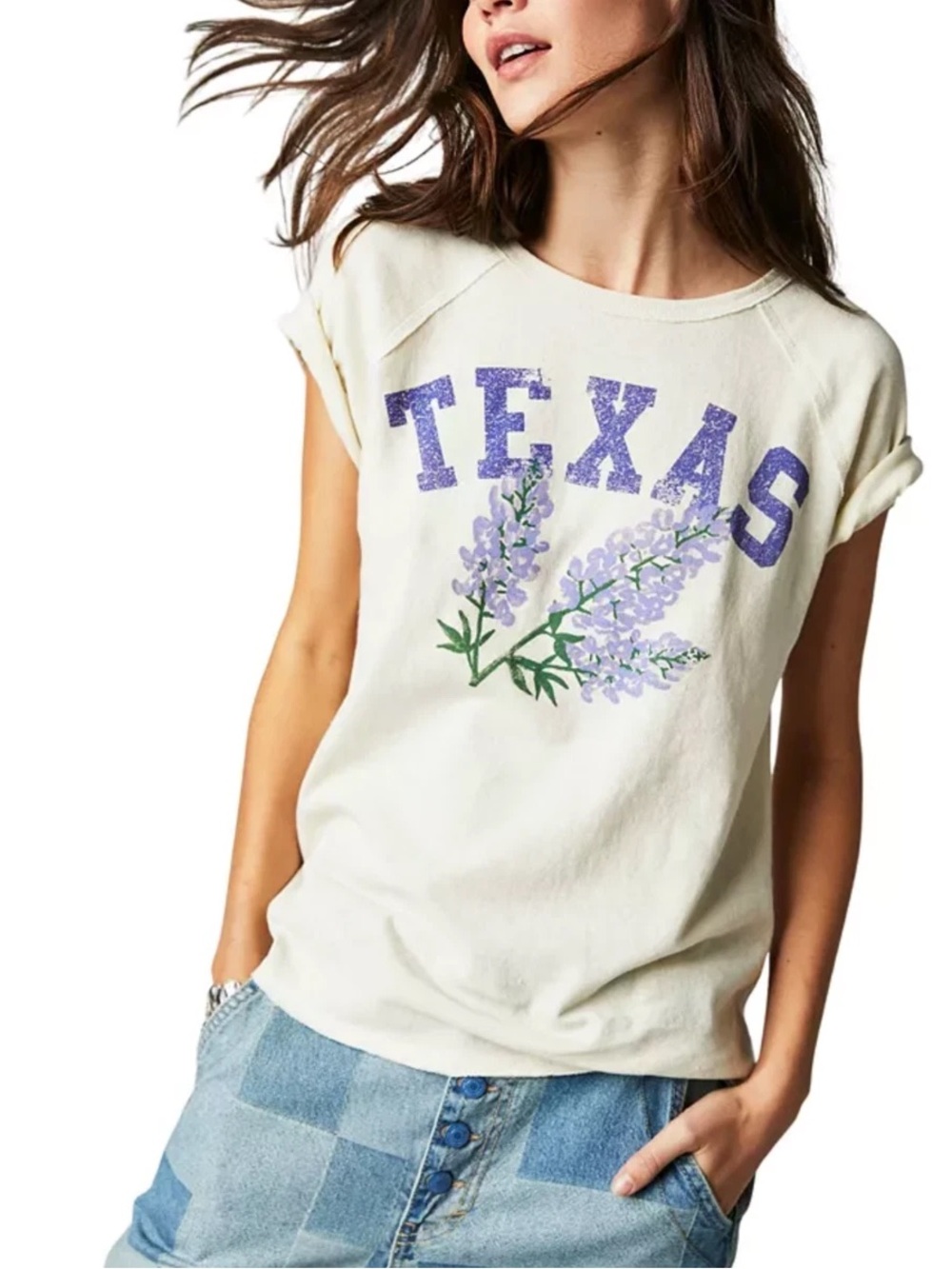 Free People We The Free Texas State Flower Graphic Tee Ivory Large NWOT